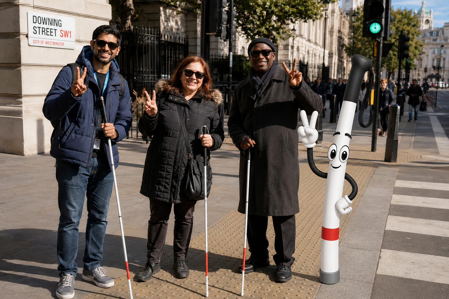 three people, indian young man, middle aged white lady and a middle aged black british man posing peace sign, they are holding their white mobility canes. on right most, Travel Hands Animated Mascot, VIPPY is also posing peace sign.
