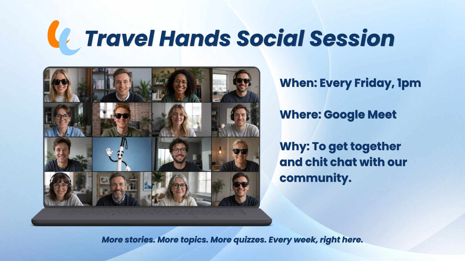 Travel Hands Social Session graphic showing a laptop with a video call grid of sixteen smiling participants, several wearing dark glasses, alongside the session details