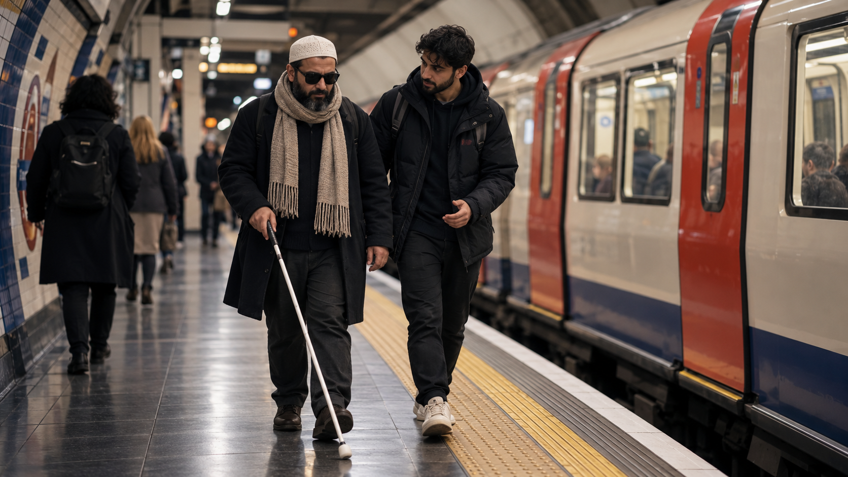  Travel Hands guide and a visually impaired traveller with a long cane walking together along a Tube platform, beside the tactile paving at the platform edge.