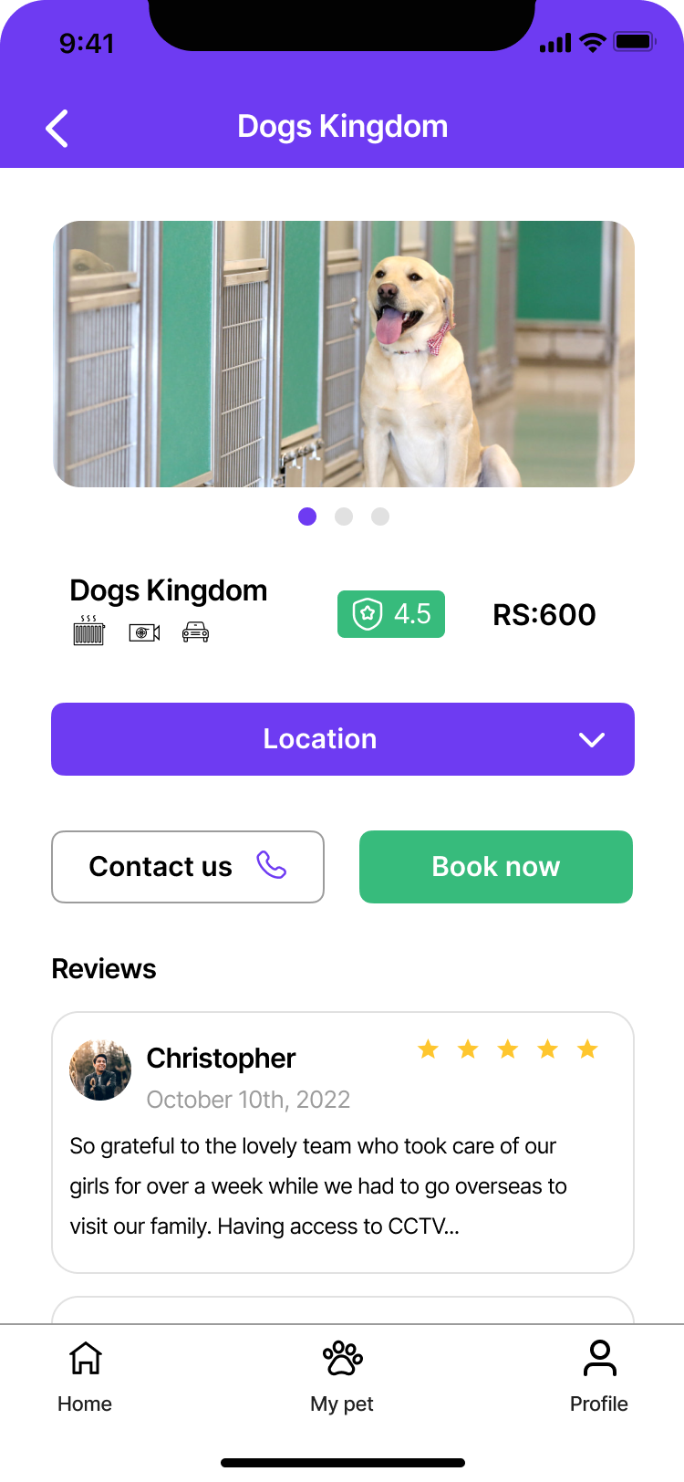 Pet care app subpage mobile design