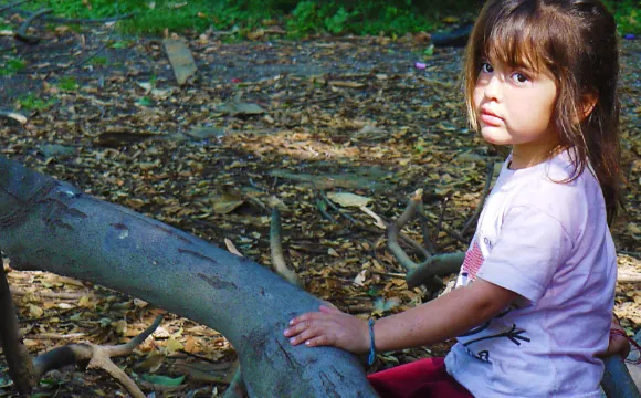A young girl plays in the garden amongst the branches of fallen tree.