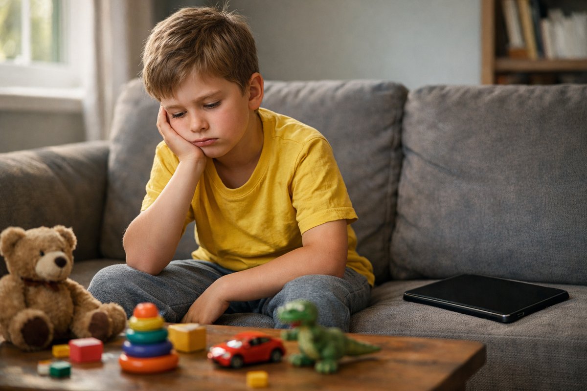 Child on a couch with a tablet