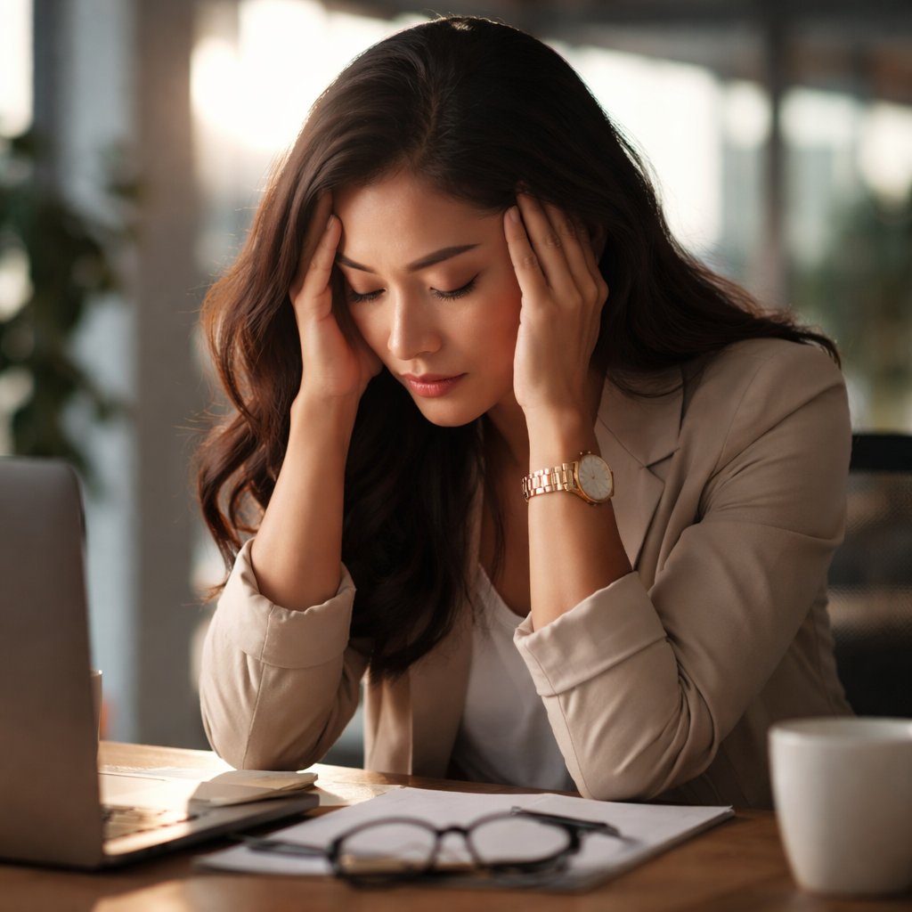Woman feeling stressed at a desk