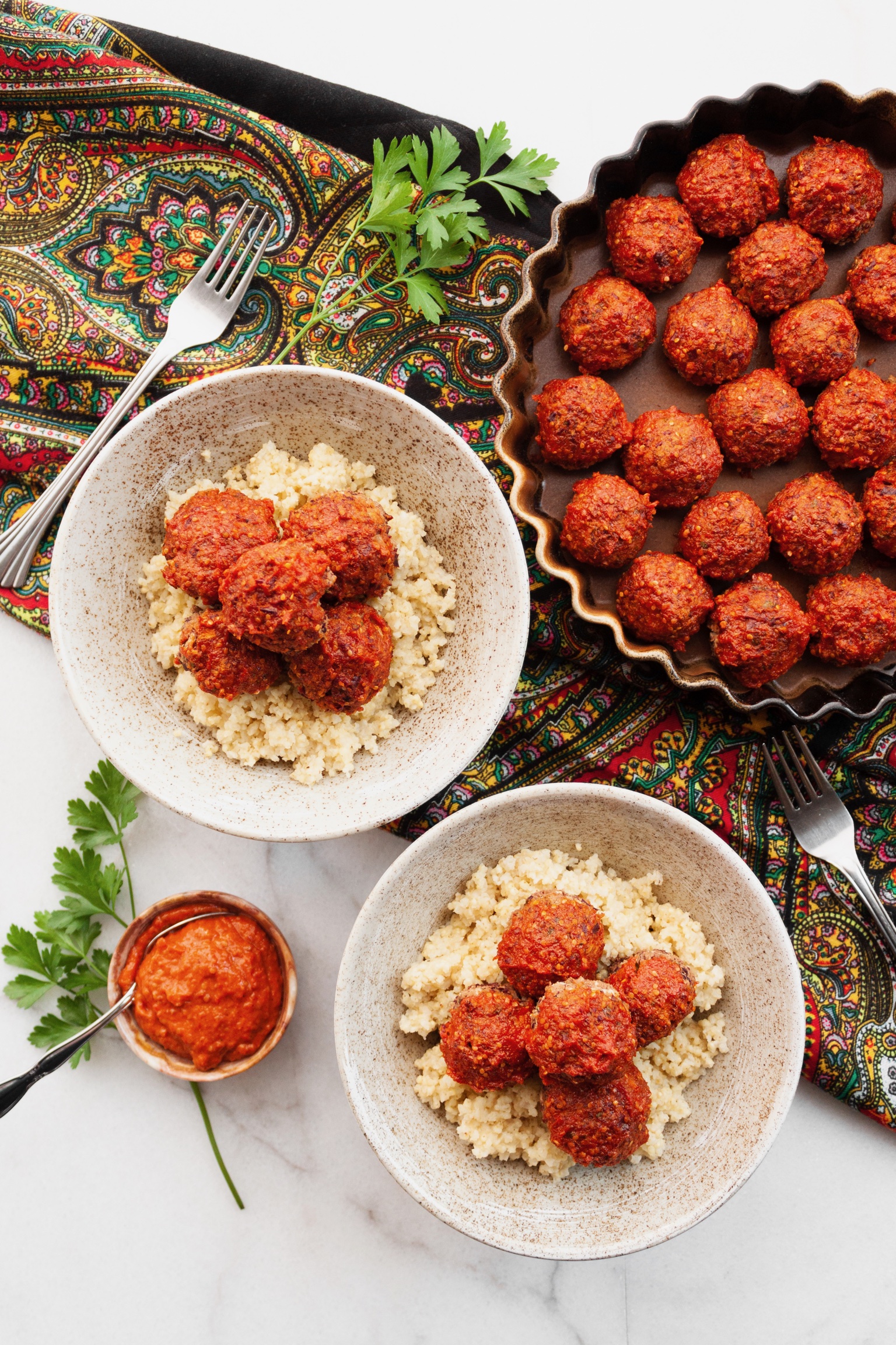 Spiced No-Meatballs with Harissa Ketchup