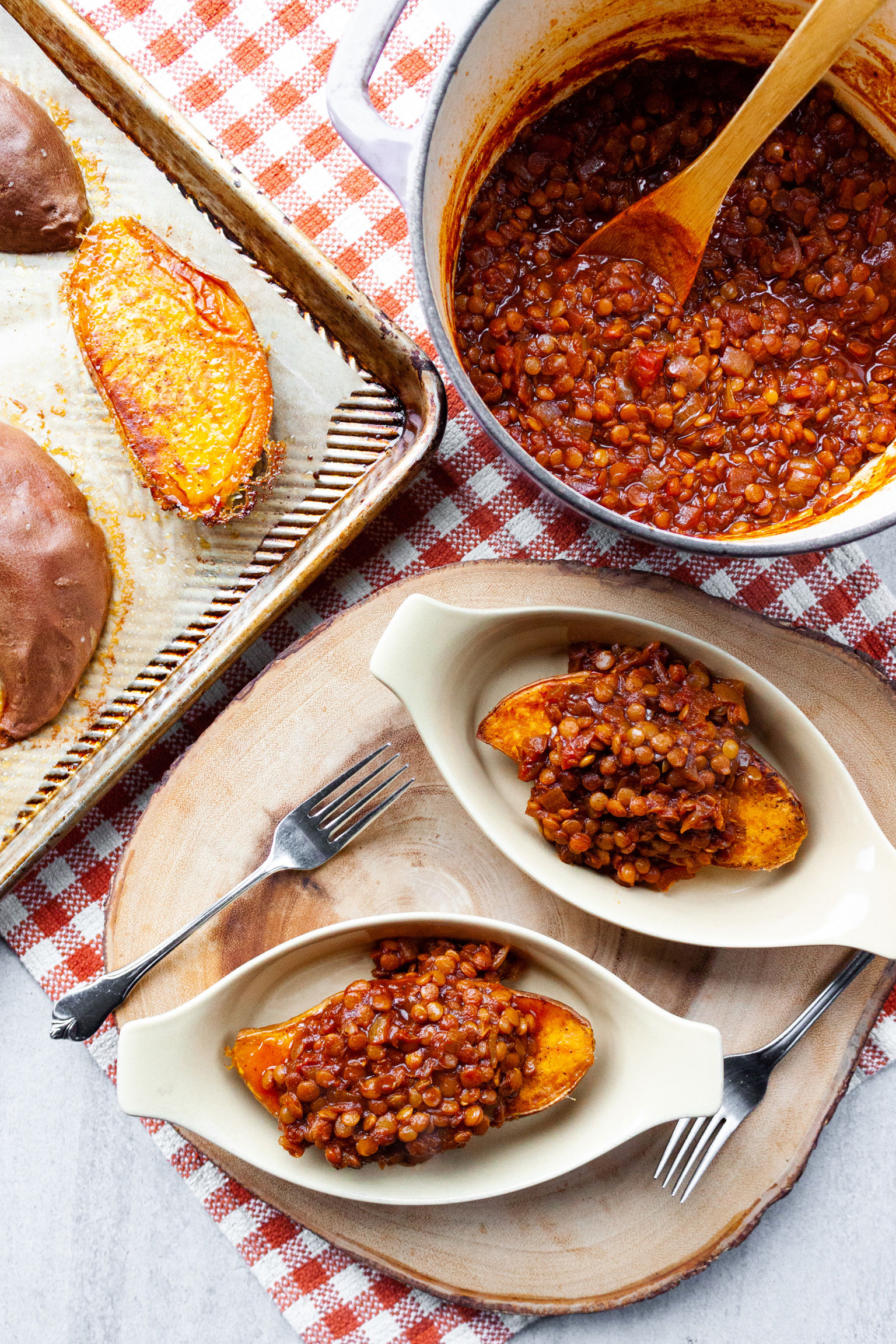 BBQ Lentils over Roasted Sweet Potatoes