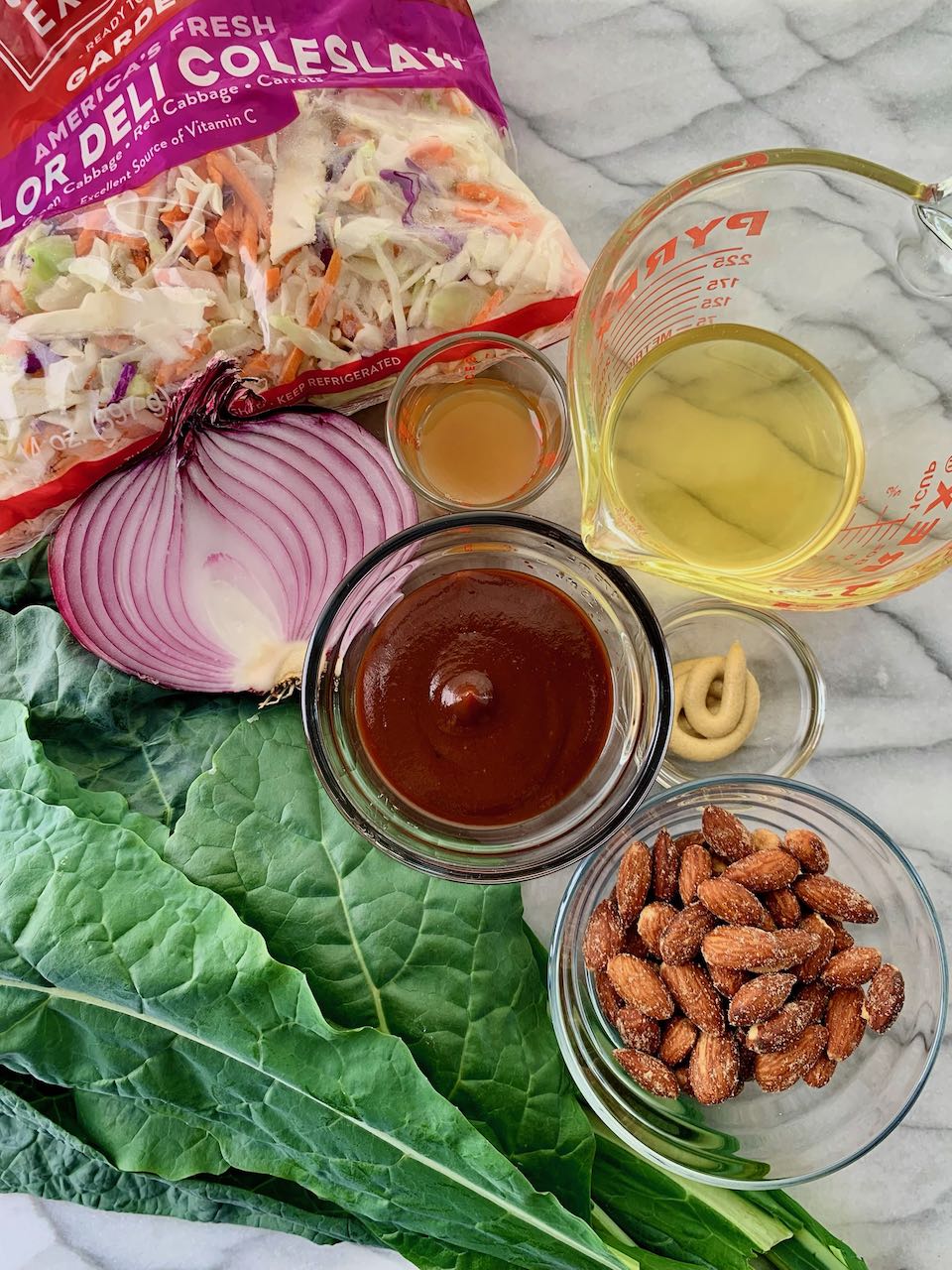 Ingredients assembled for BBQ Vinaigrette Summer Slaw