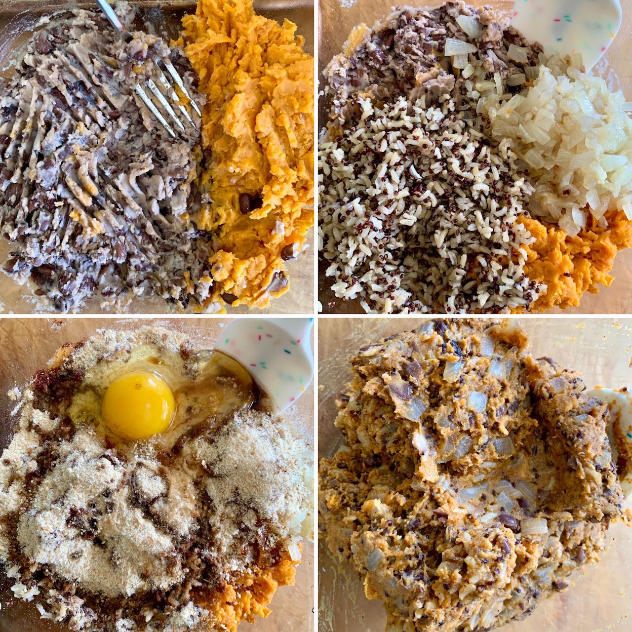 Stages of mixing up the veggie burger mixture