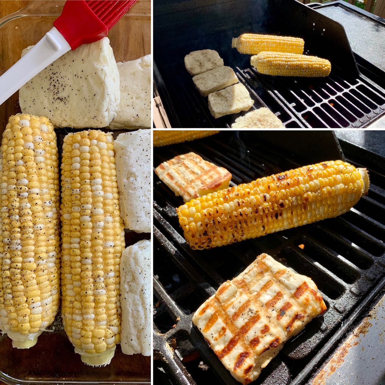 Shucked corn and slabs of halloumi on a grill