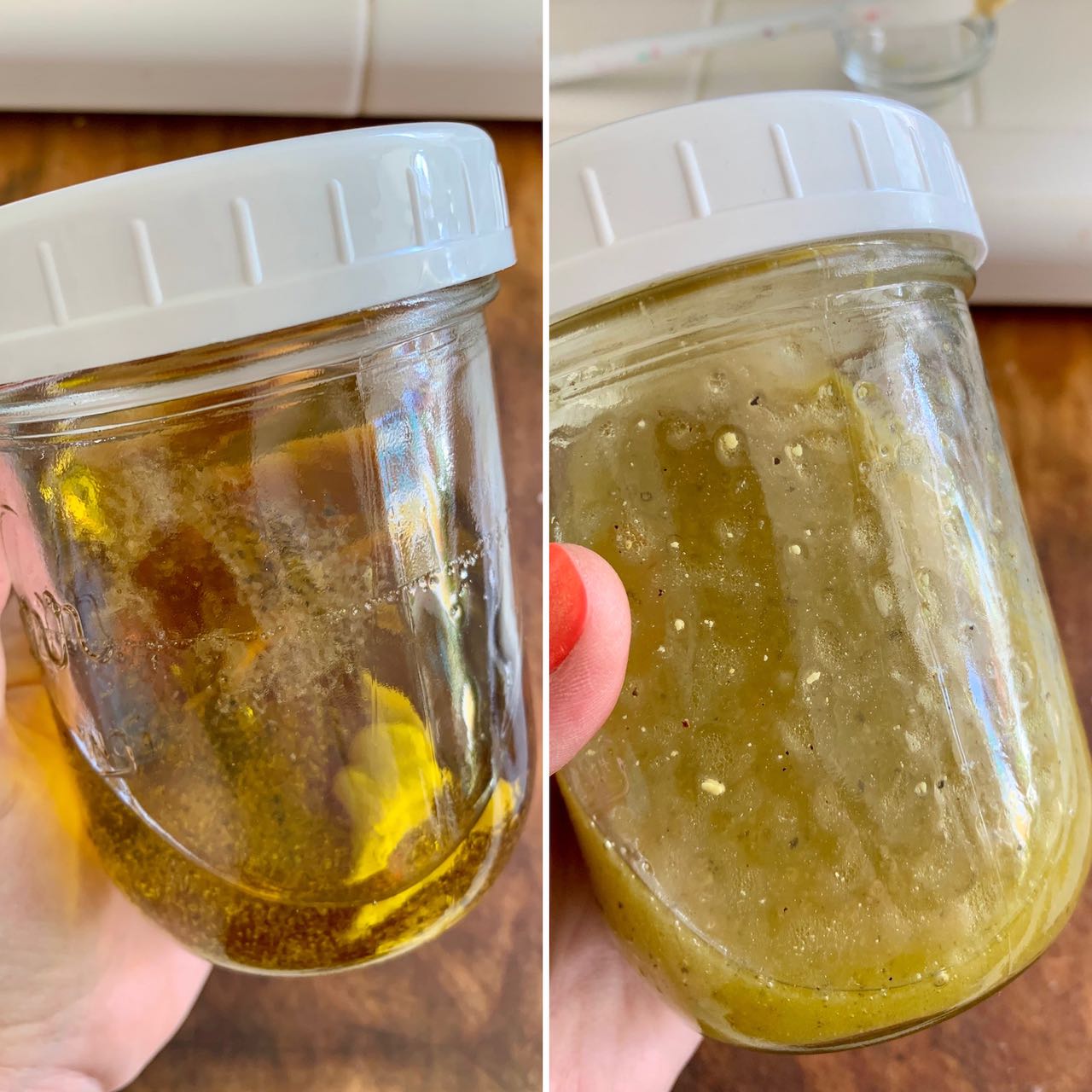 White balsamic vinaigrette ingredients shaken in a mason jar