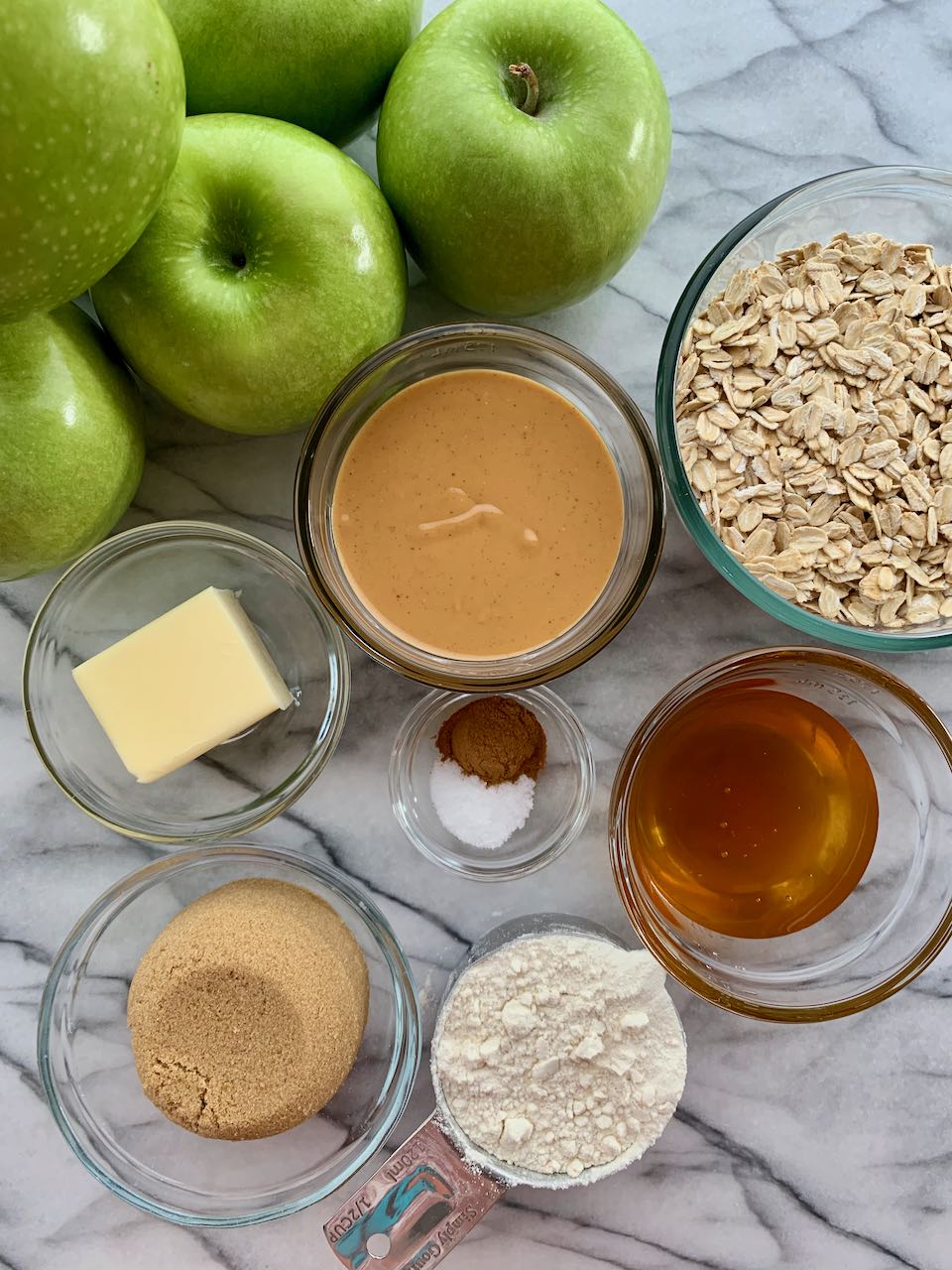 Ingredients assembled for Peanut Butter Apple Crisp