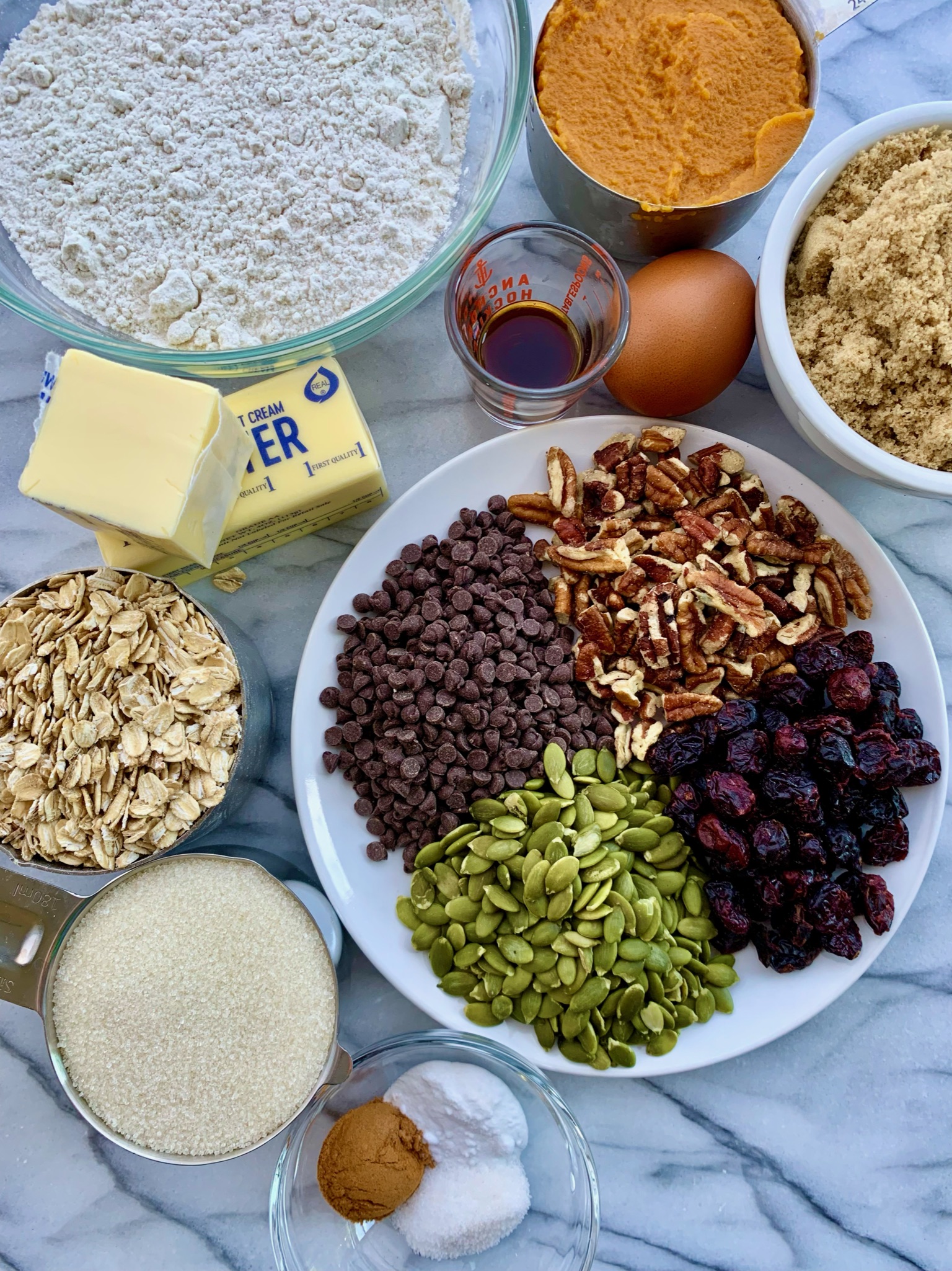 Ingredients assembled for Pumpkin Trail Mix Cookies