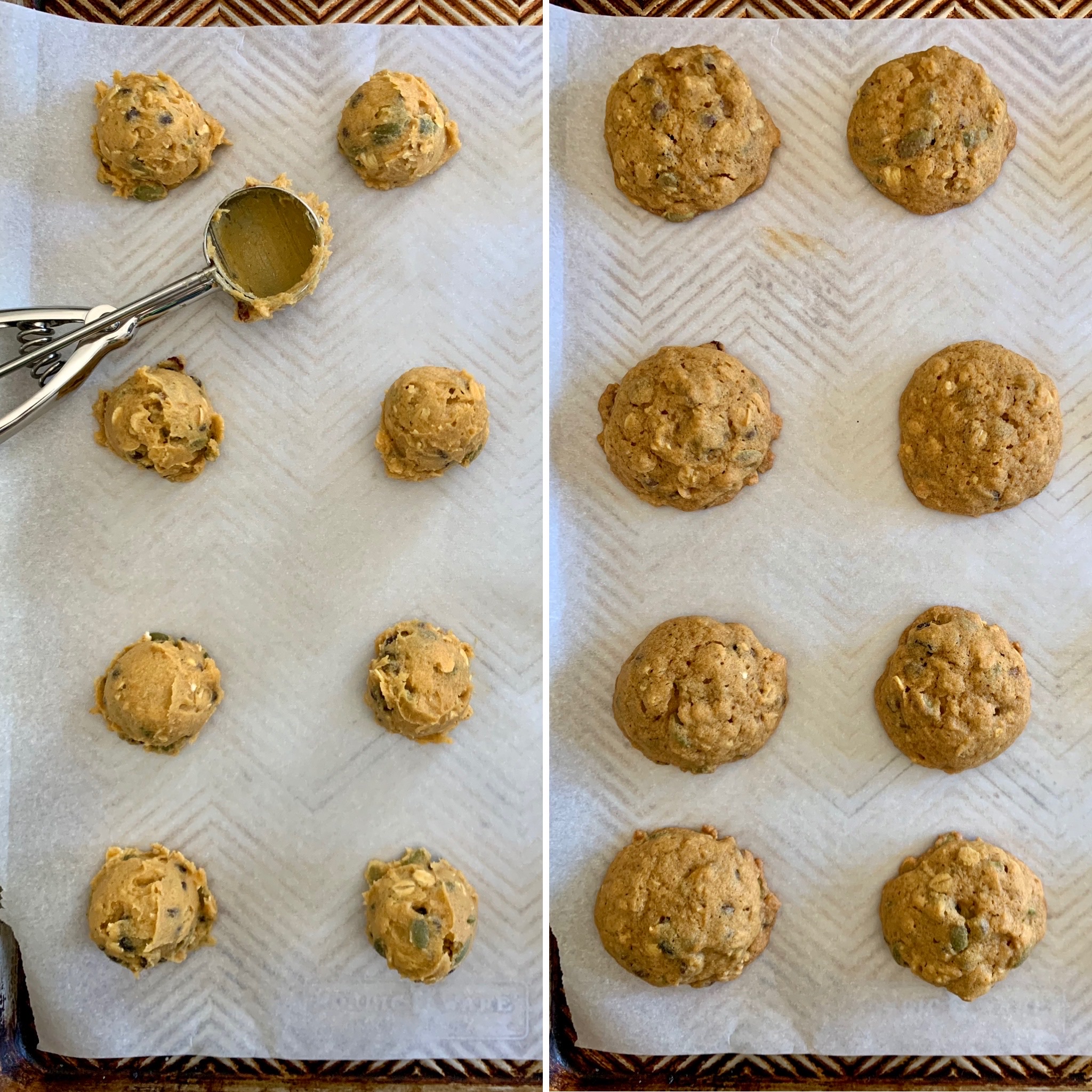 Cookie dough scooped onto a baking sheet, then baked cookies from the oven 