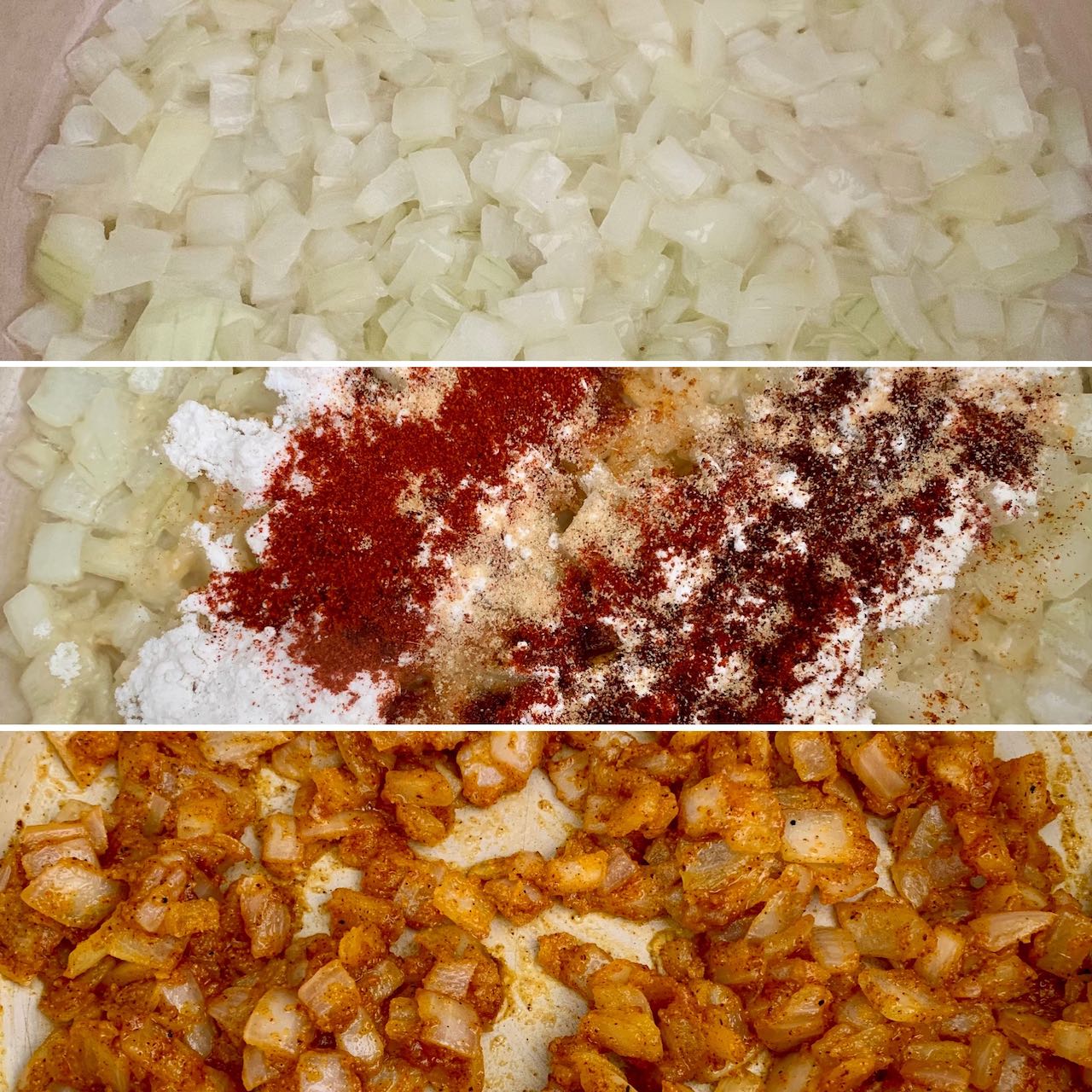 Stages of sauteing onions and making a roux