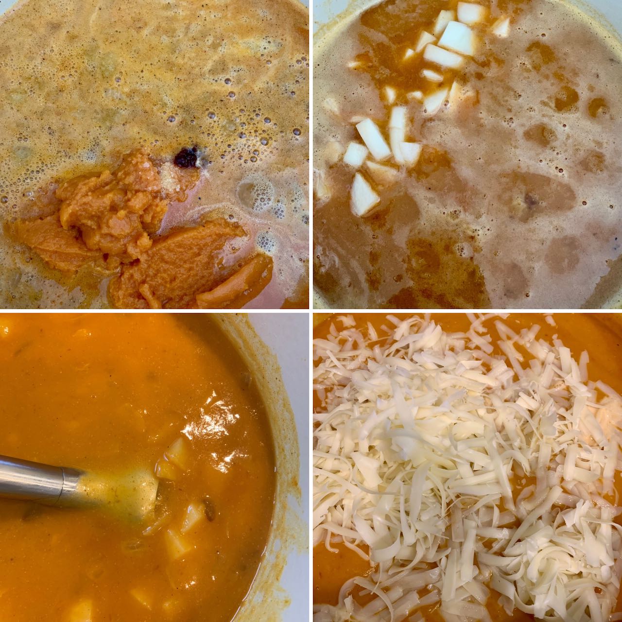 Stages of making Pumpkin Potato Beer Cheese Soup