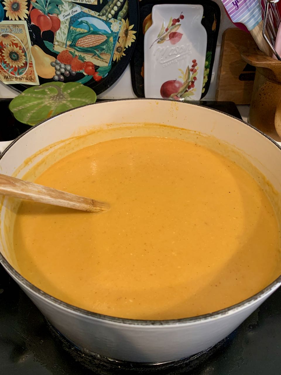 Pureed soup in a large pot n the stove