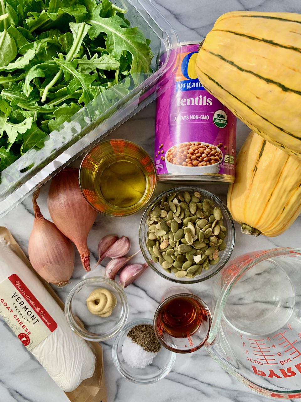 Ingredients assembled for Roasted Squash and Lentil Salad