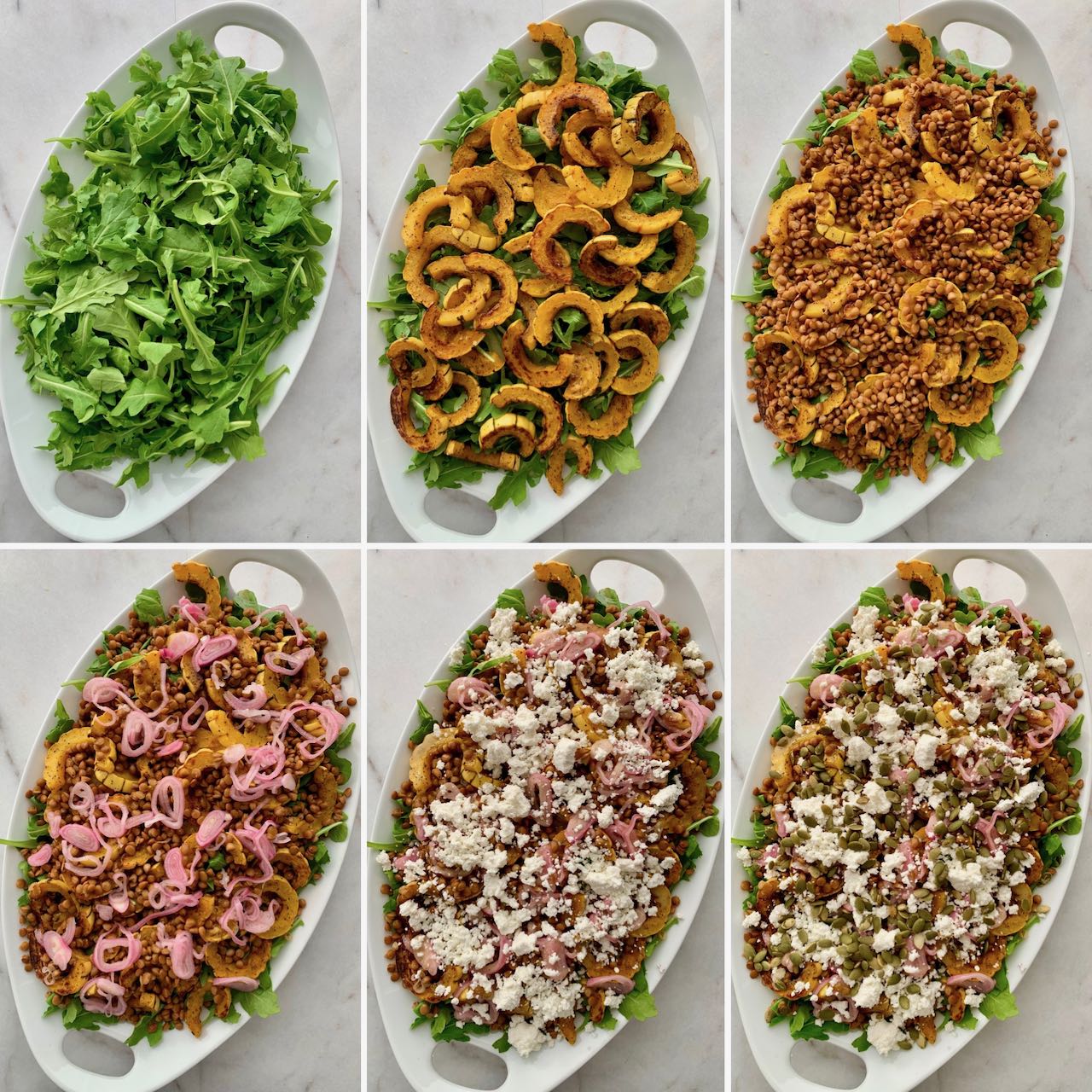 Stages of assembling the salad on a large white oval platter