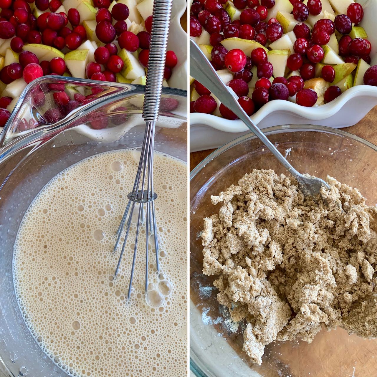 The custard mixture and the streusel topping mixture