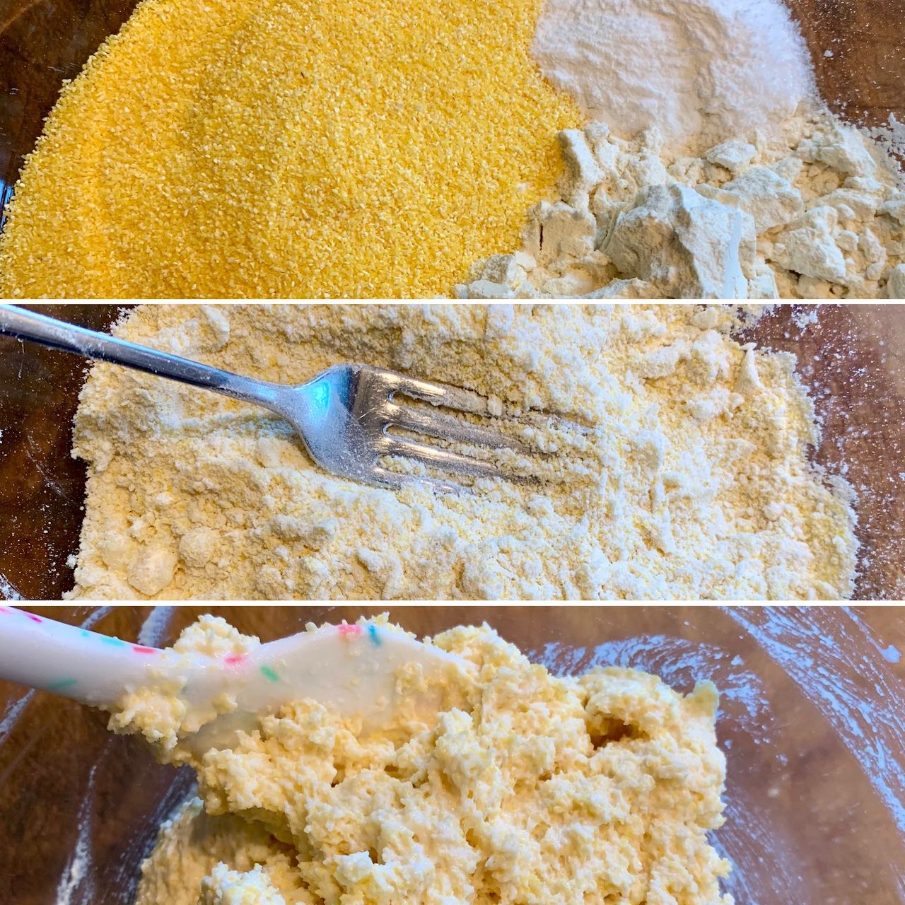 Stages of mixing up the dumpling mixture.