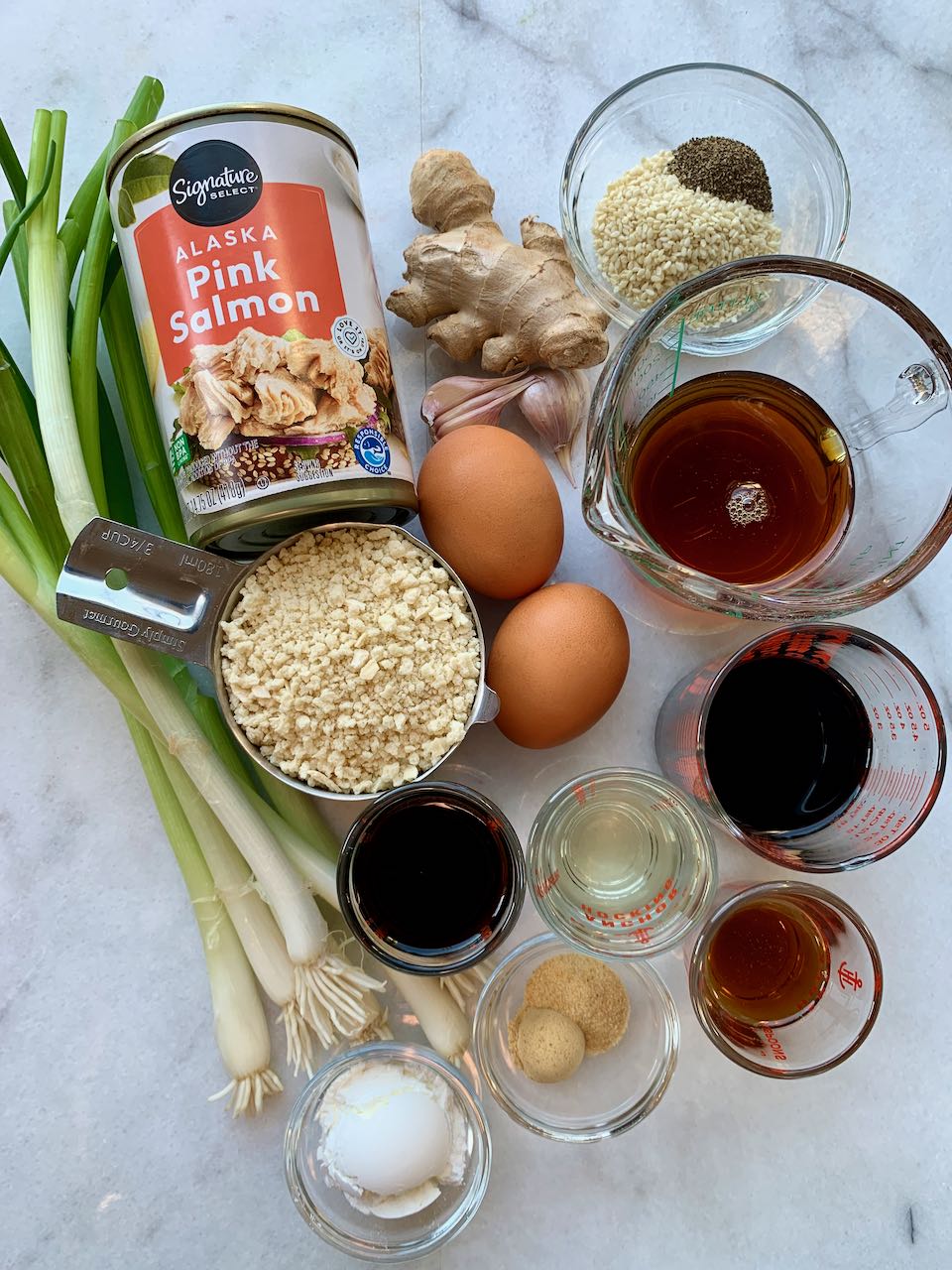 Ingredients assembled for Teriyaki Salmon Meatballs