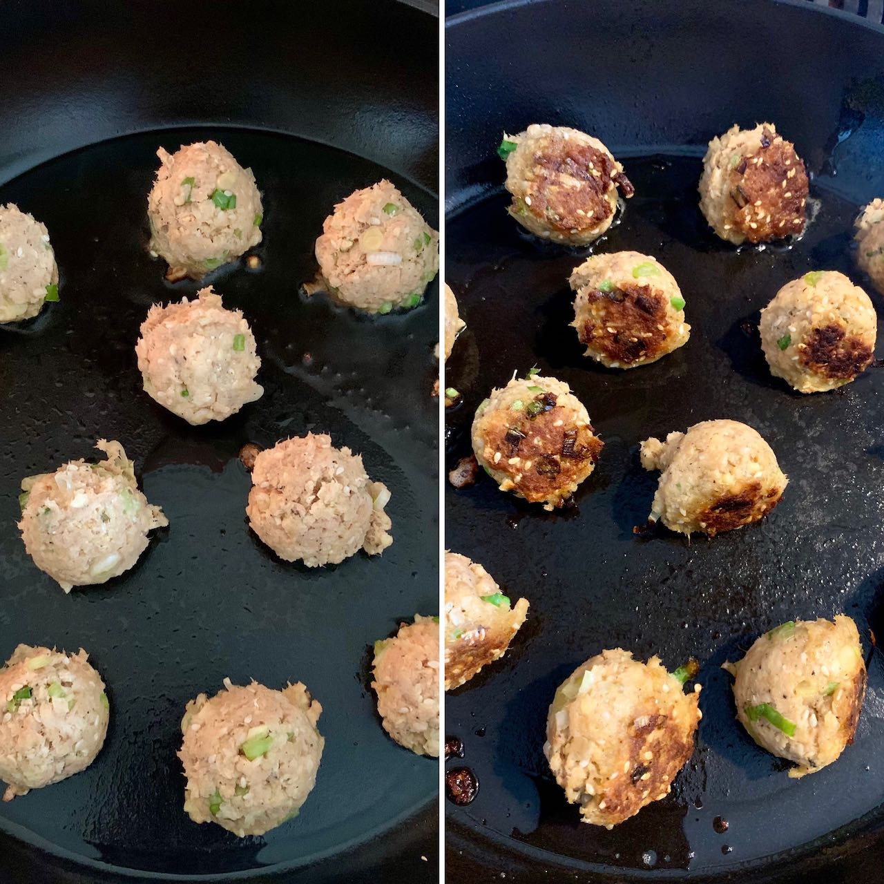Meatballs in a large black skillet frying until golden brown