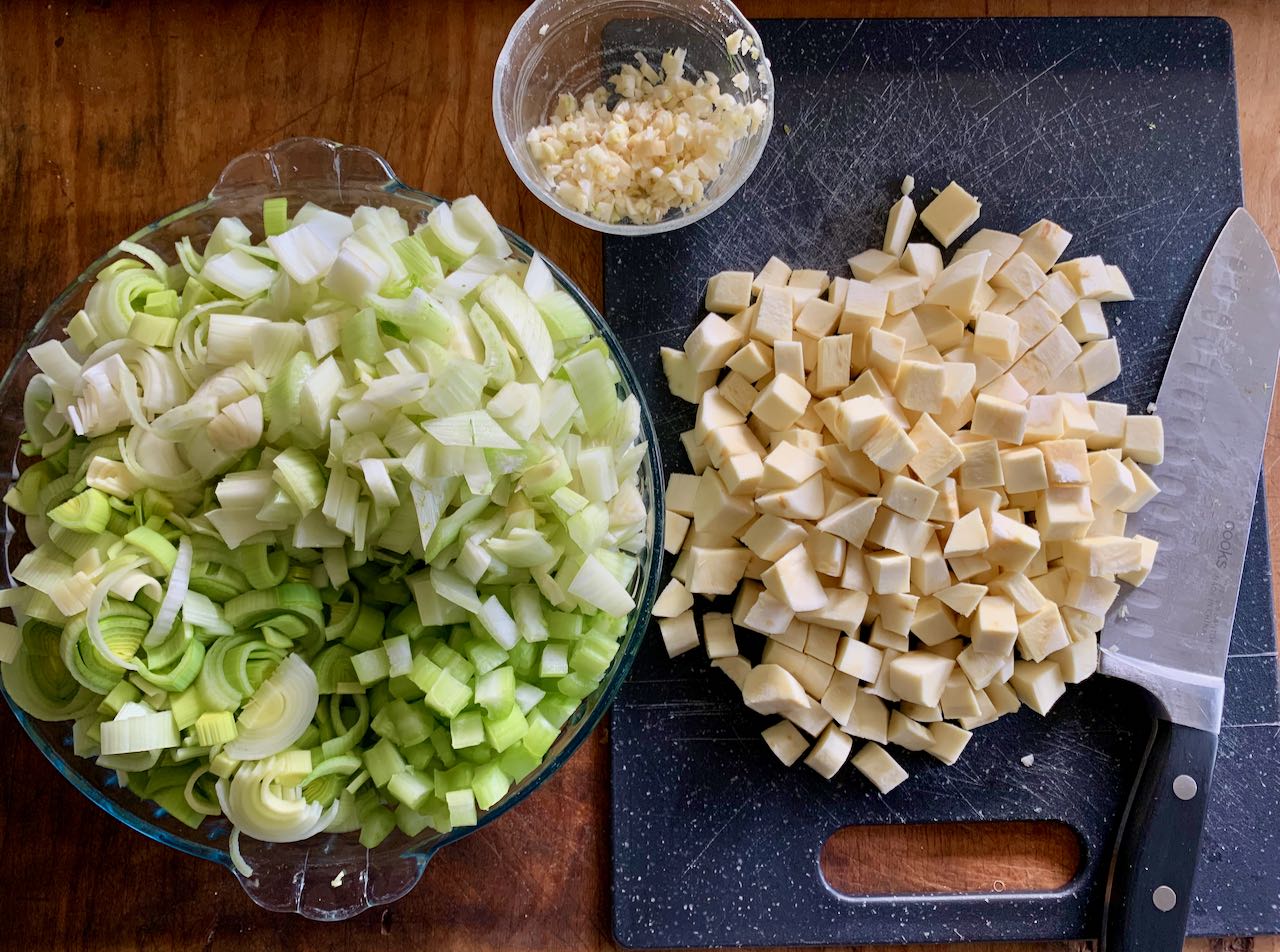 Diced parsnips, celery, fennel, leeks, and garlic 
