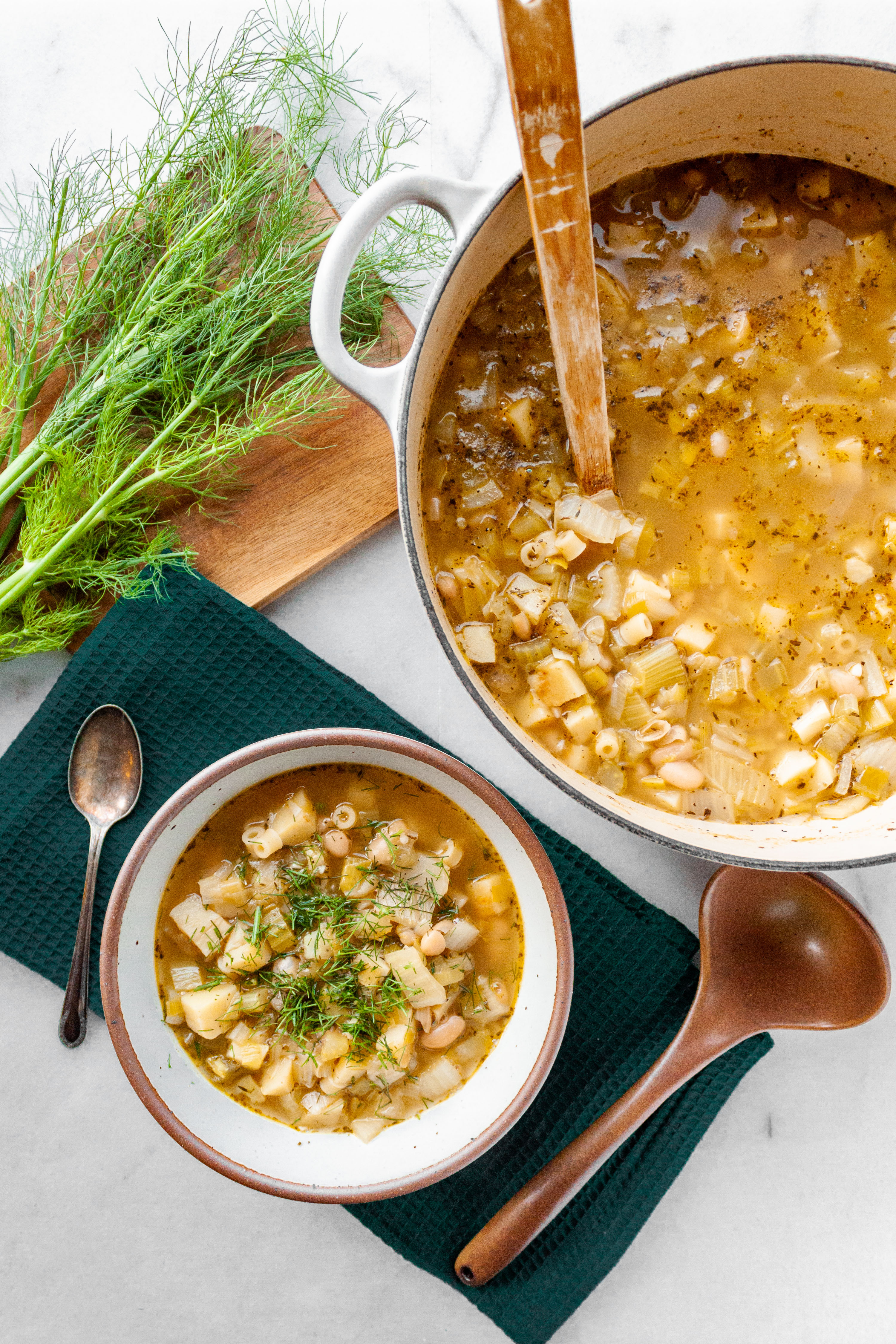 Winter White Minestrone Soup served in a white bowl