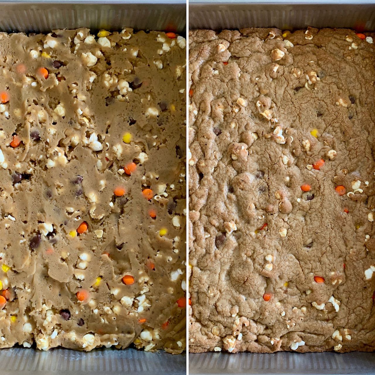 Before and after of baking the cookie bars in a pan