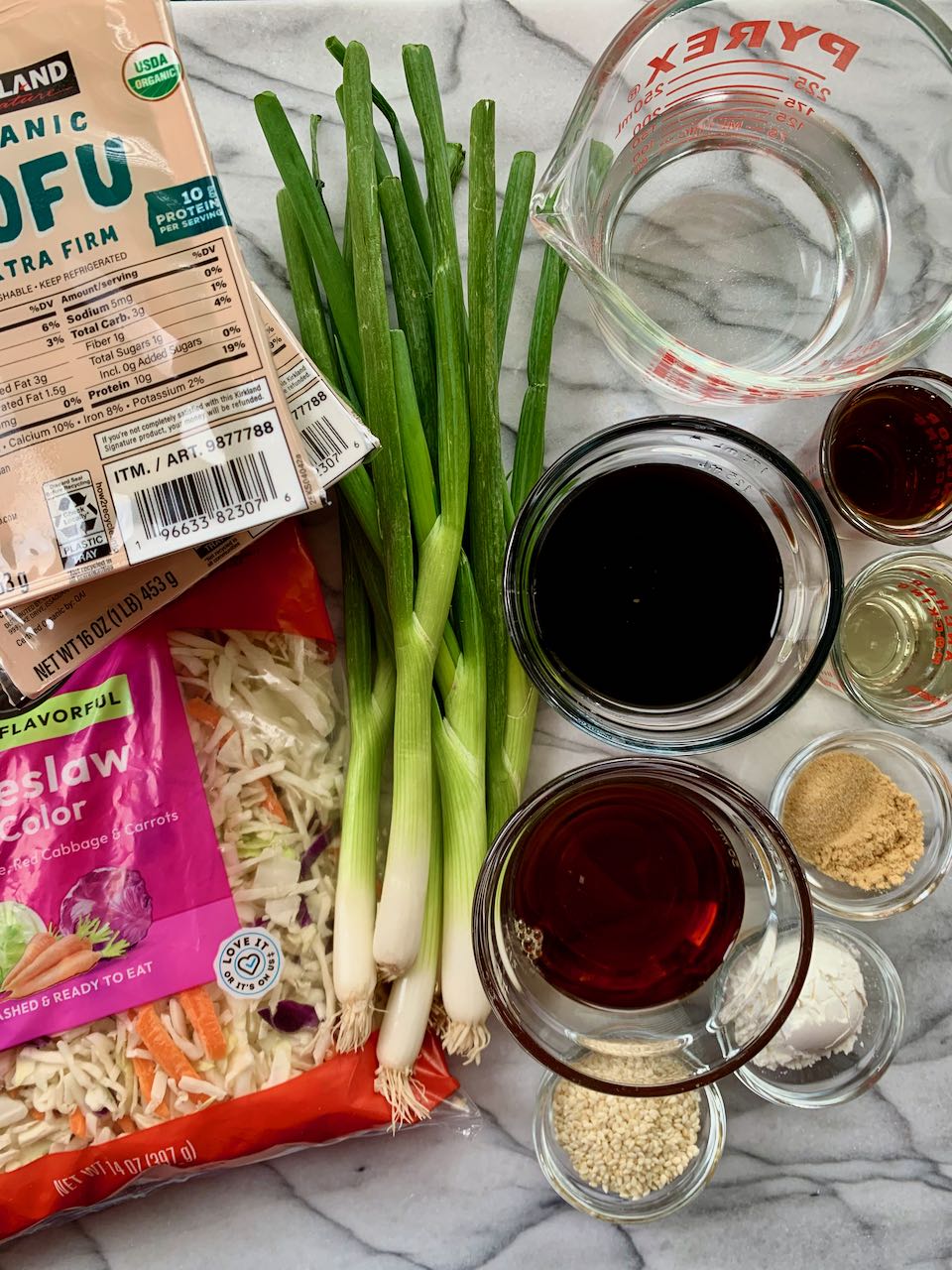 Ingredients assembled for Tofu Egg Roll Bowls