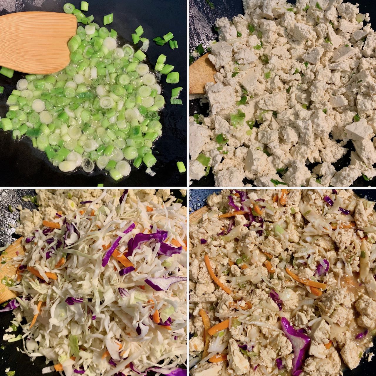 Stages of stir frying the tofu and vegetables