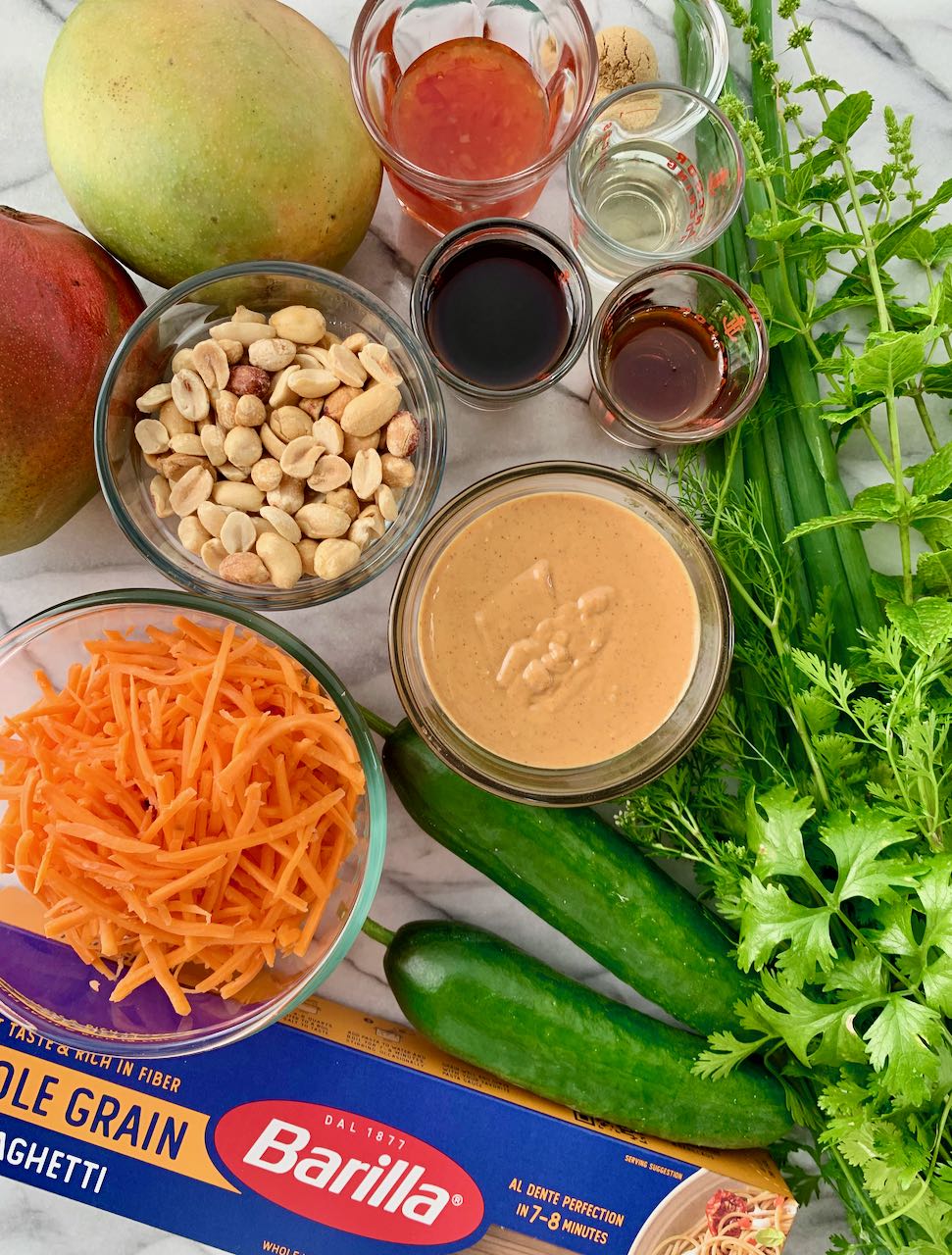 Ingredients assembled for Mango Peanut Noodle Salad