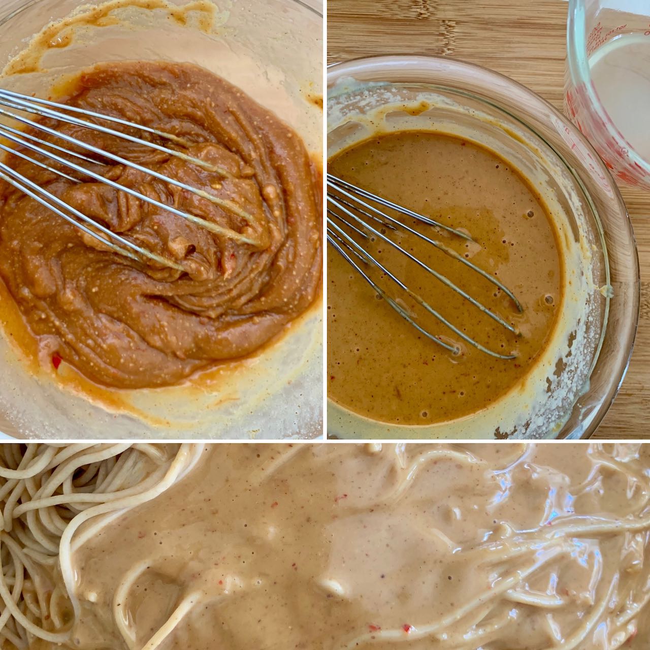 Stages of making the peanut sauce dressing