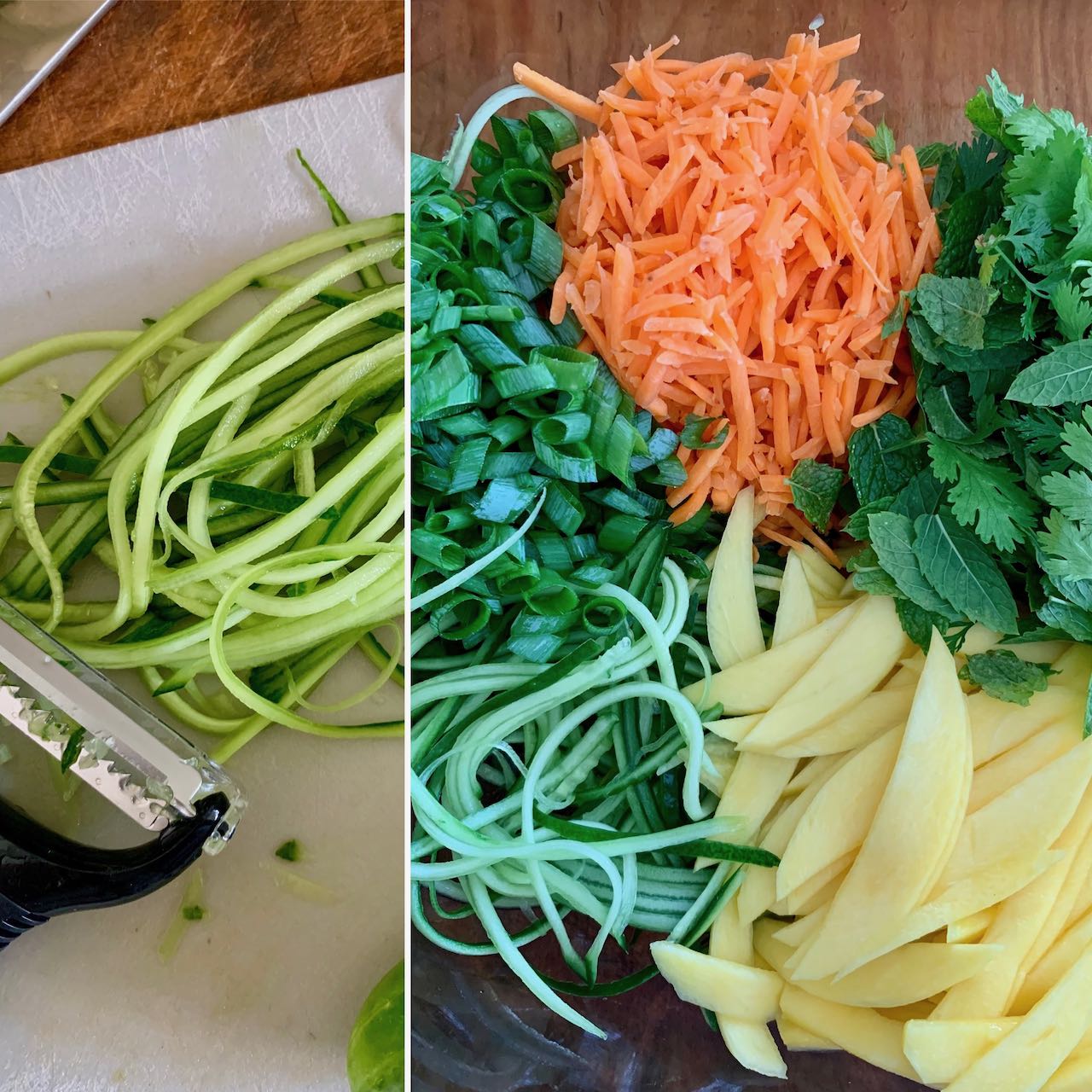 Prepping the vegetables and herbs for the salad