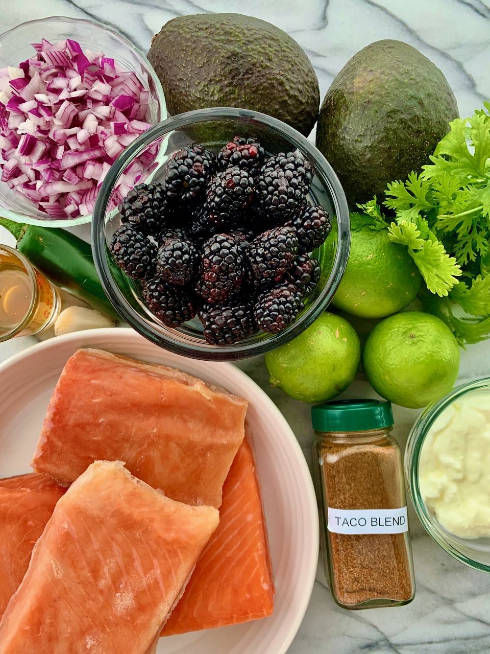 Ingredients assembled for Roasted Salmon Tacos with Blackberry Salsa