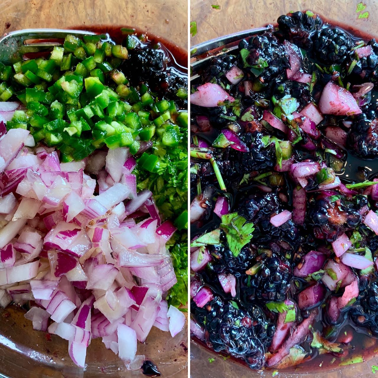 Mixing together the blackberry salsa ingredients