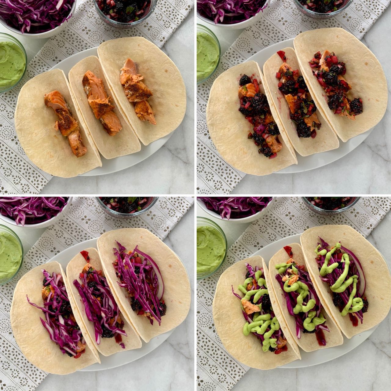 Stages of assembling tacos to serve