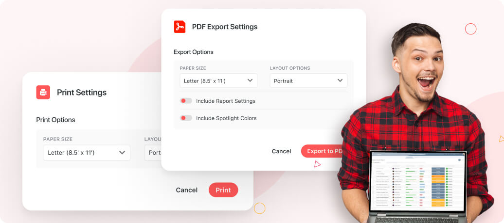 Print hard copies and export data to PDF