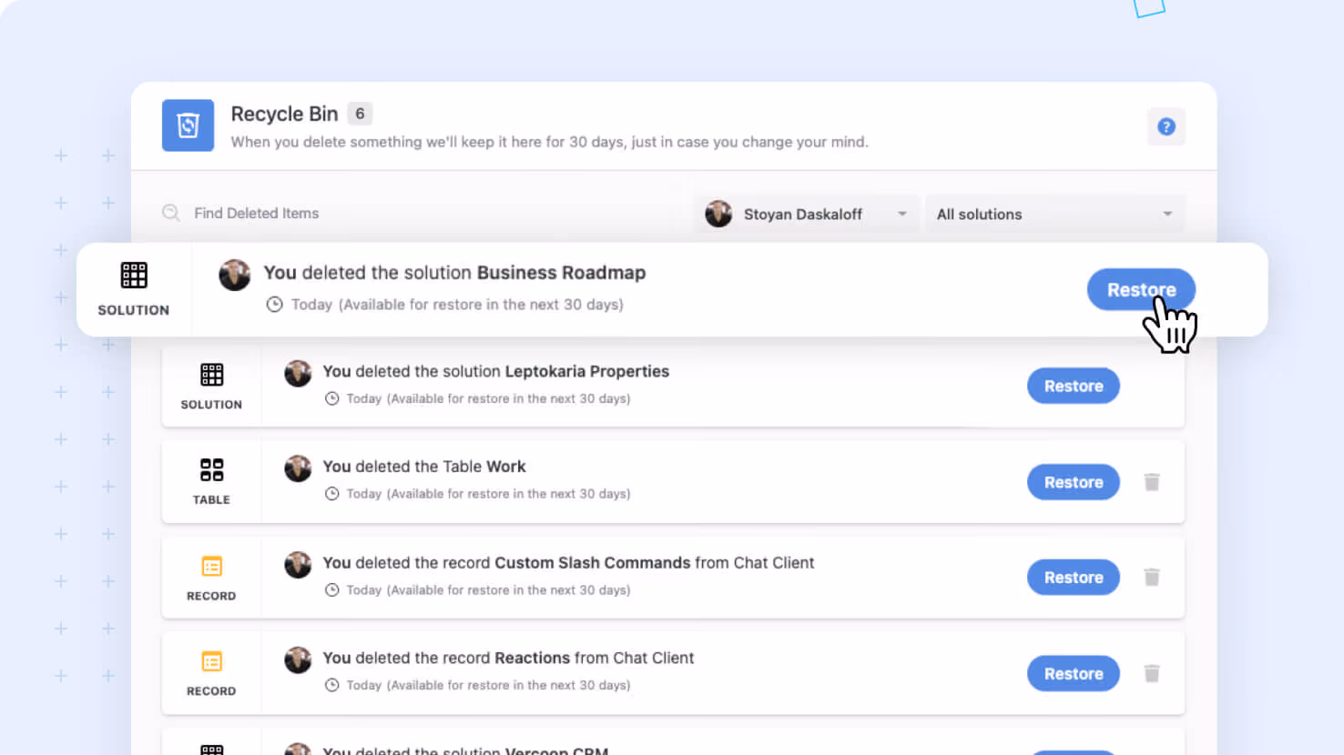 Restore Solutions from Recycle Bin