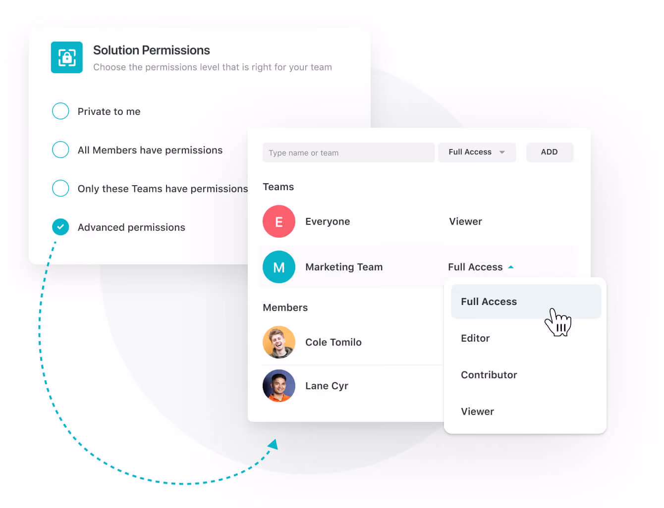Solution permission settings with roles that can view, edit or administer