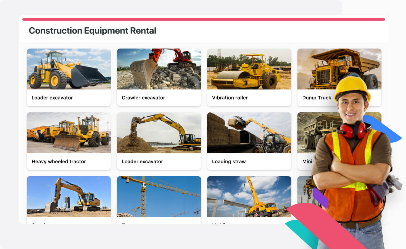 Card display of construction equipment available for rental