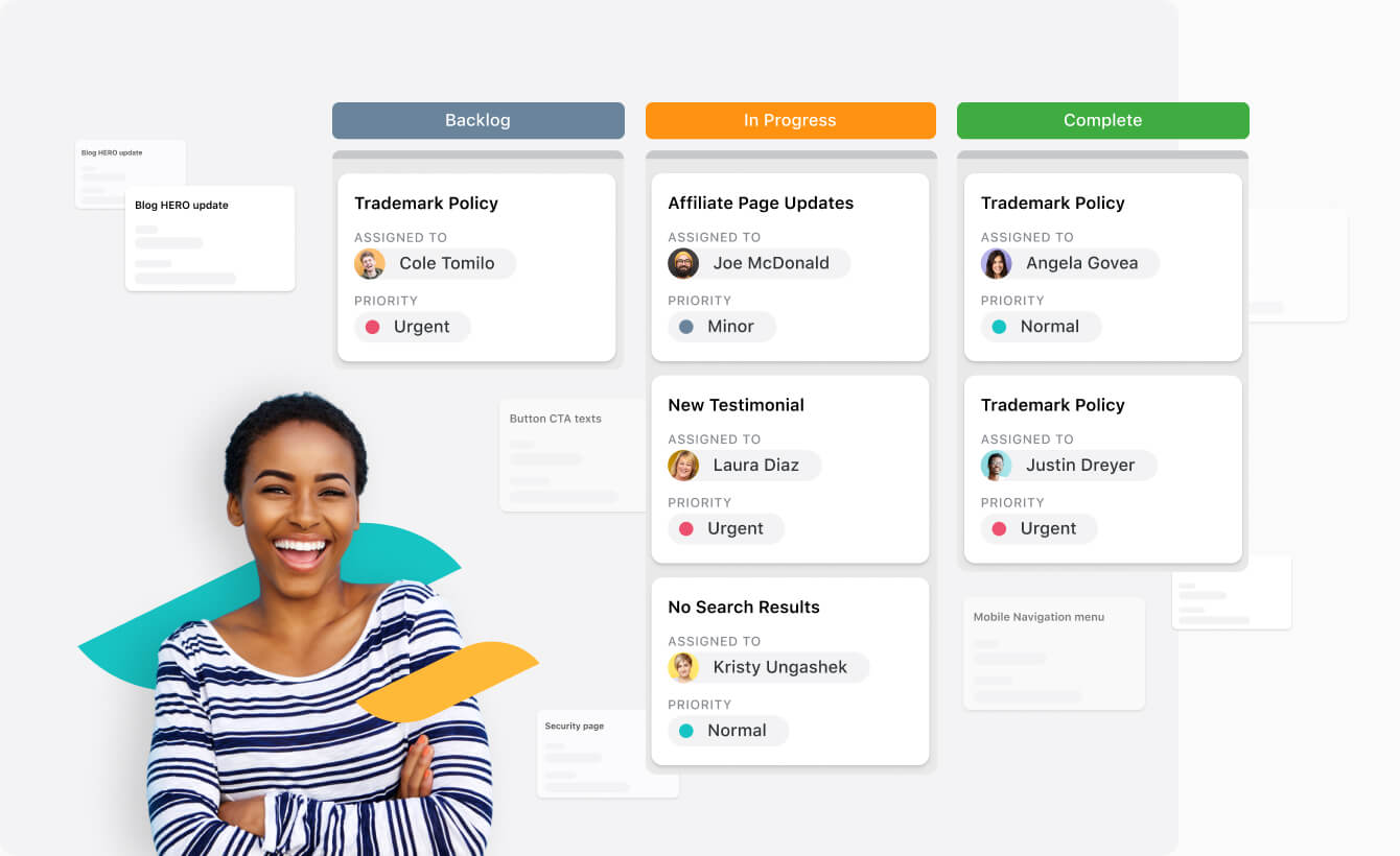 Kanban board of startup tasks with female founder