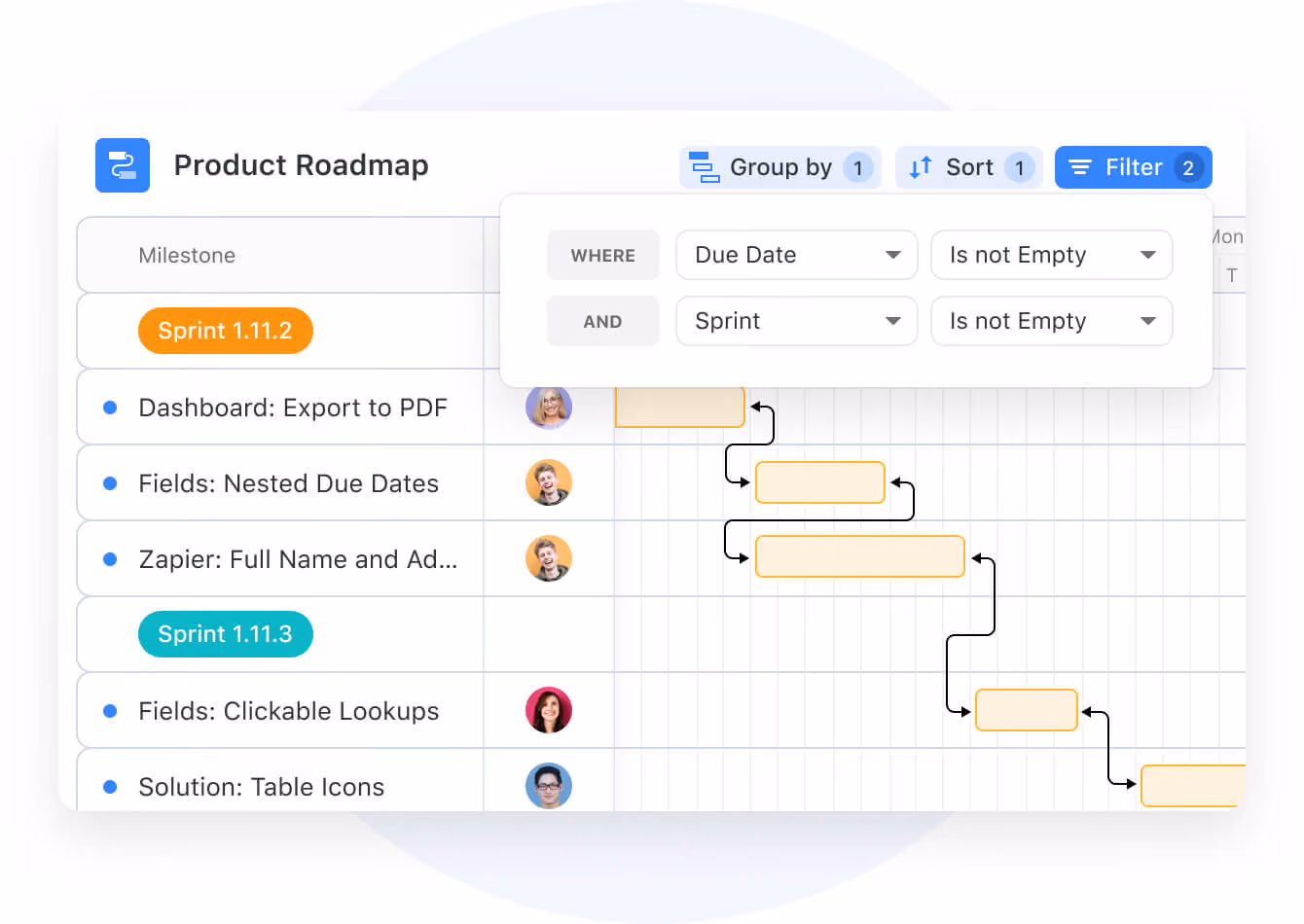 gantt view group by filter and sort