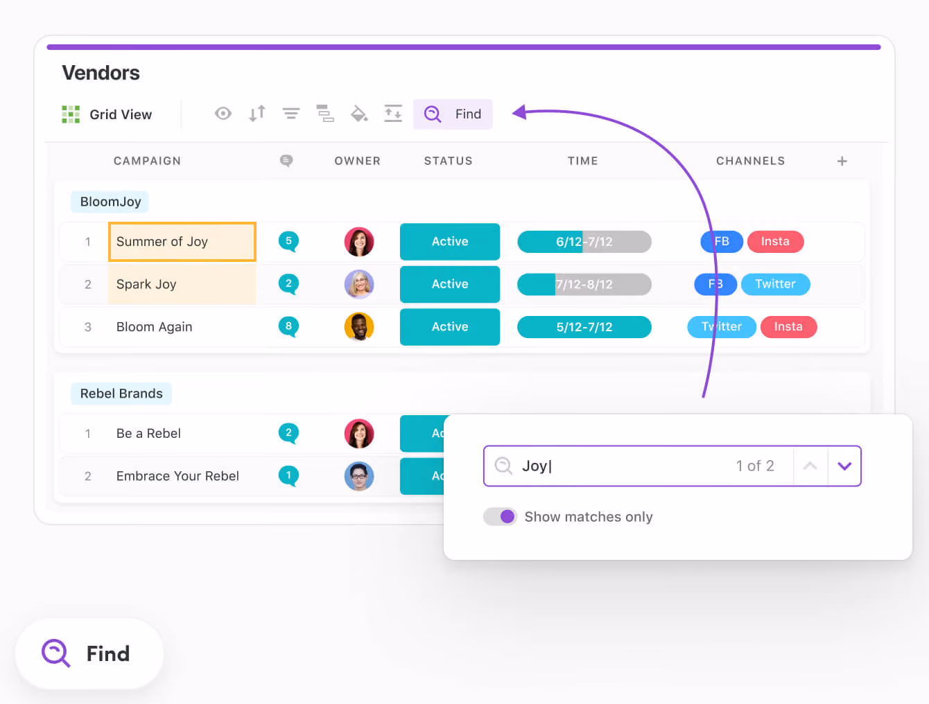 Search for data in a report