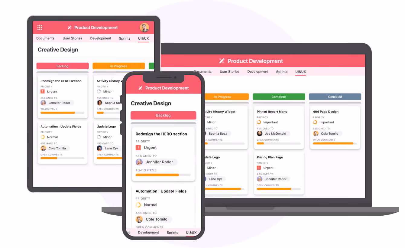 SmartSuite Kanban report on a phone, tablet and web browser