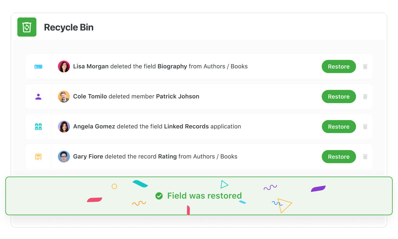 Deleted items are easily restored from recycle bin