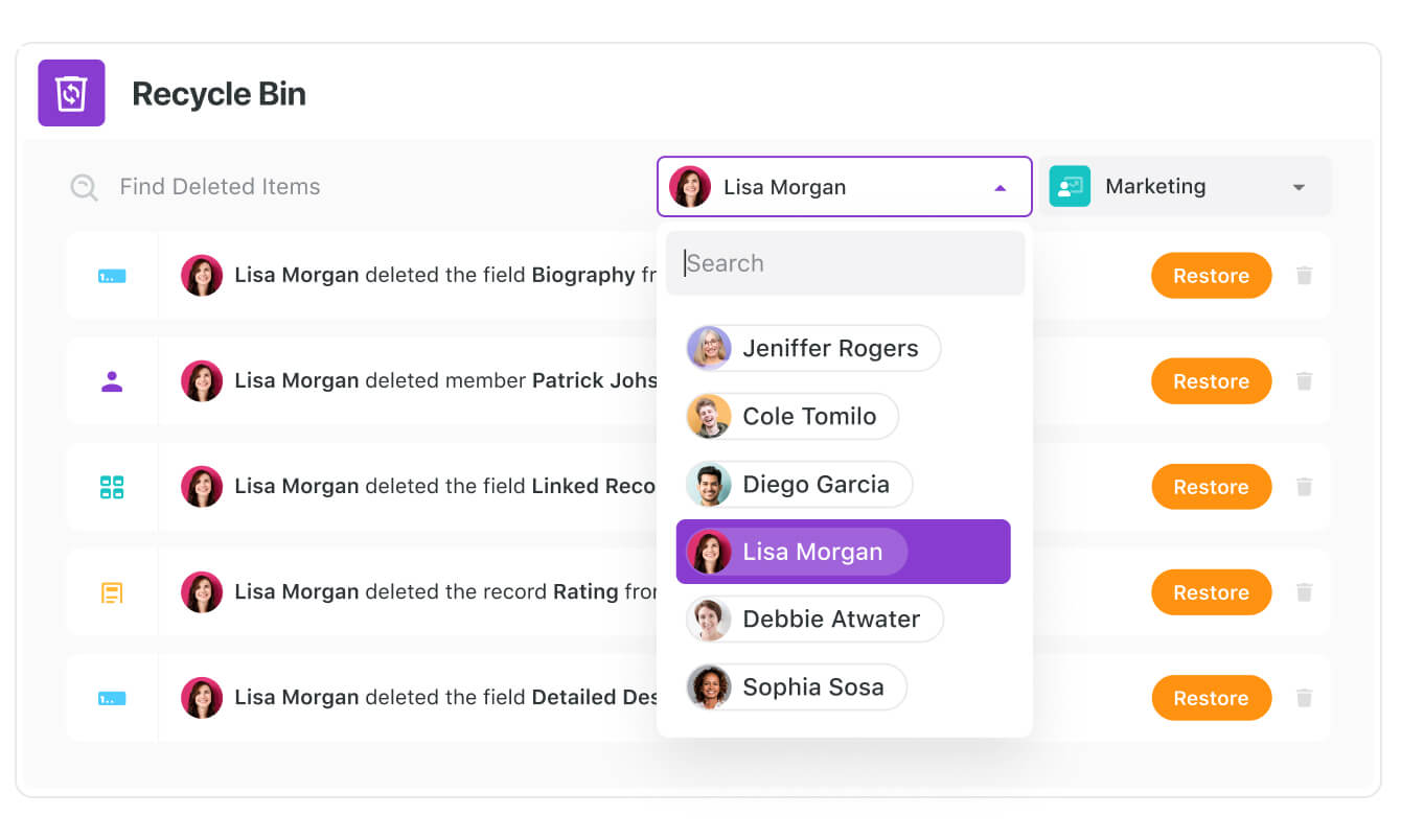 Filter the recycle bin to find deleted items