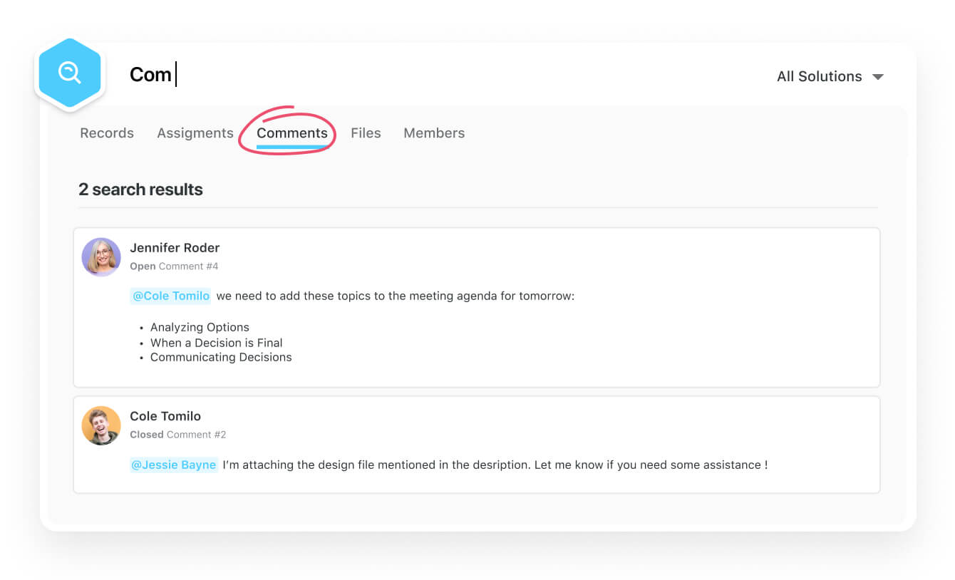 Use Global Search to find a specific comment