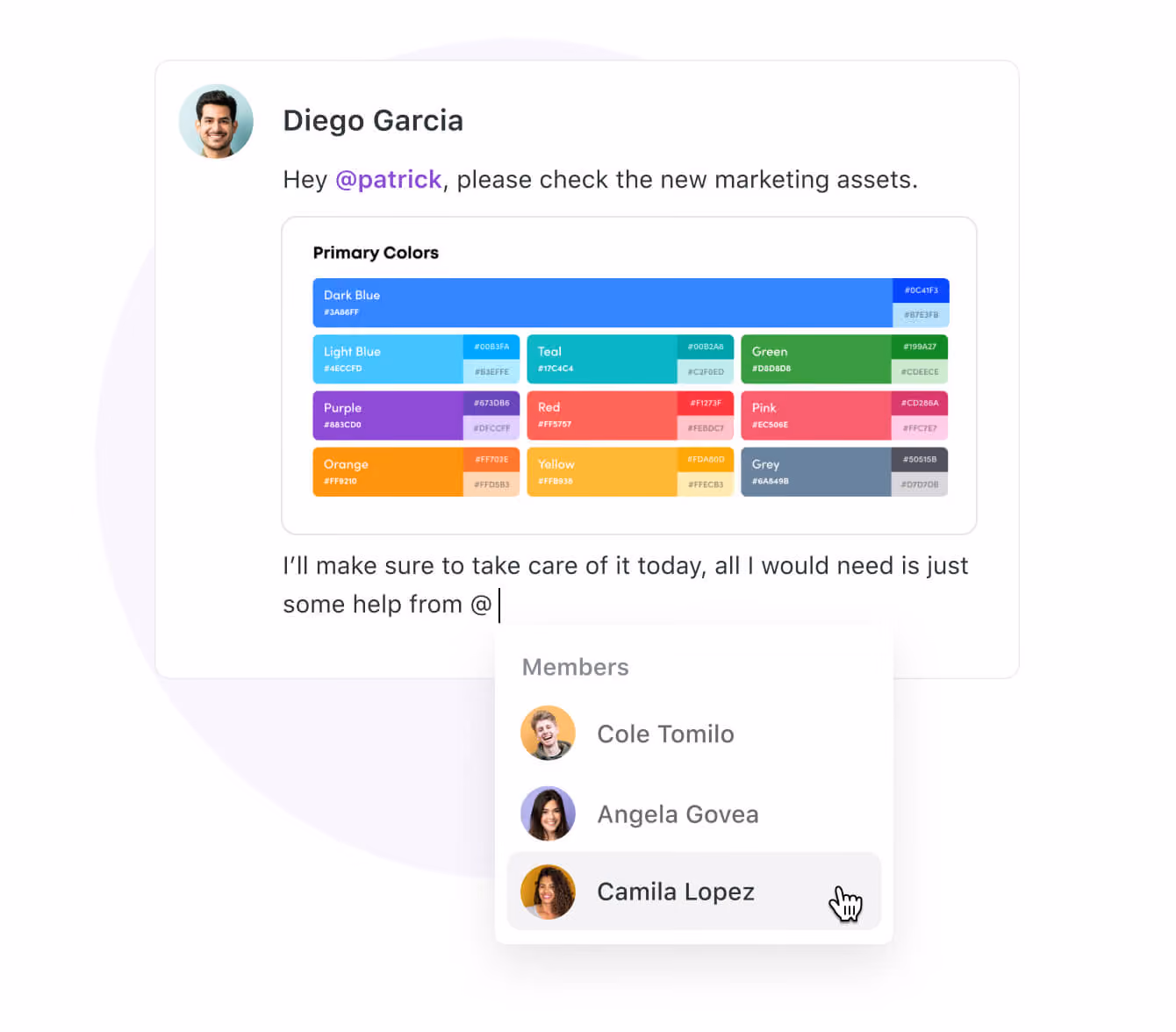 Mention users with an @ symbol to flag them in a comment
