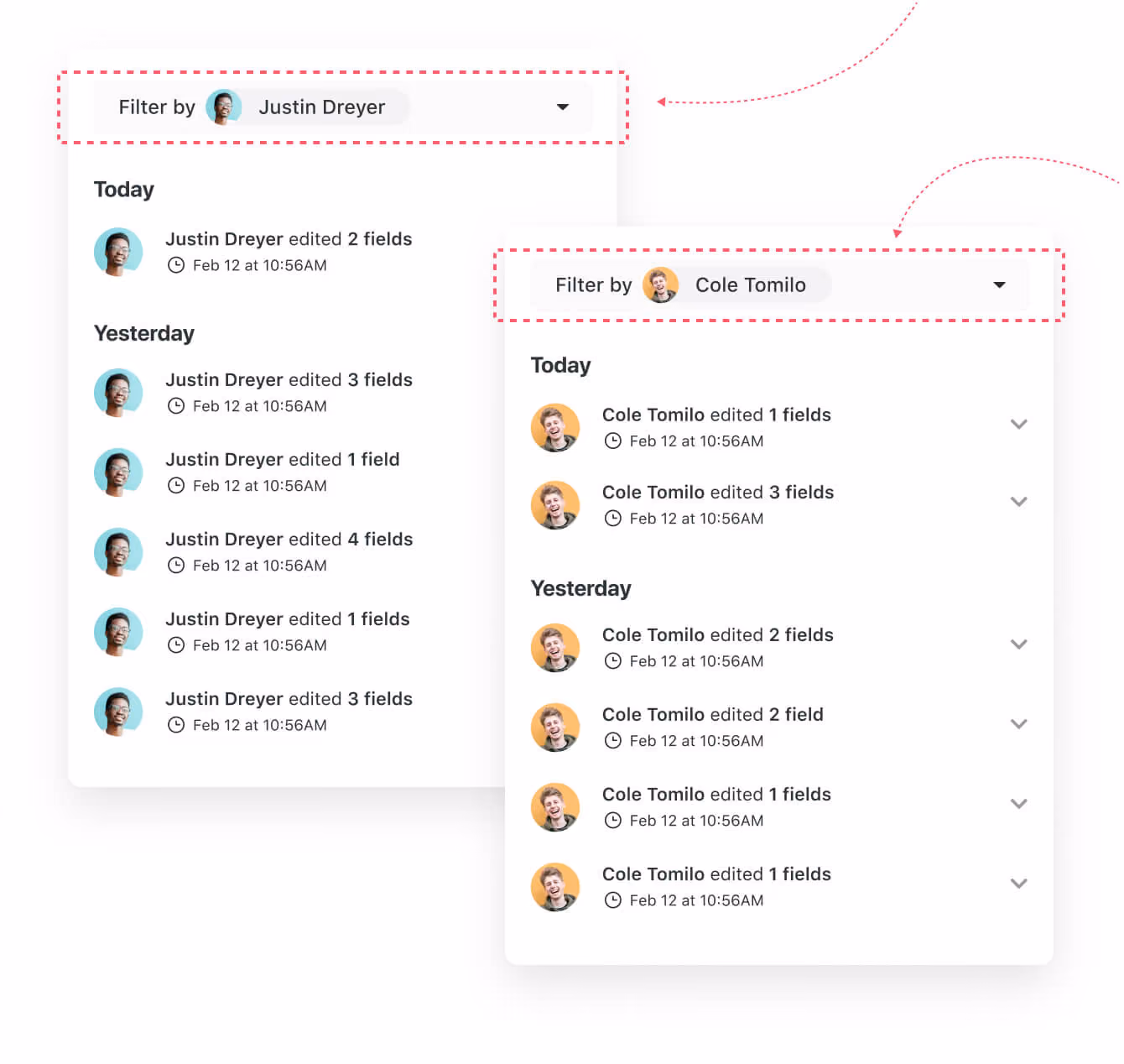 Activity history can be filtered