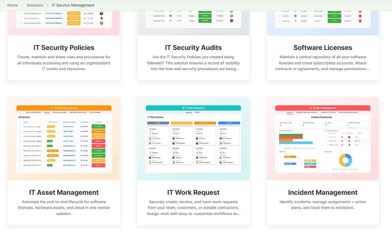 Screenshot: IT Service Management solutions page with IT security, software license, asset and incident templates